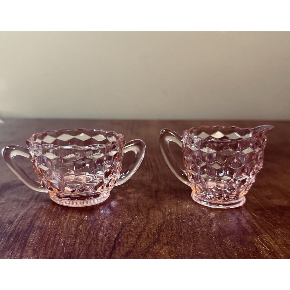 Vintage Jeannette Pink Depression Glass Cubist Creamer & Sugar Bowl Set 1930s